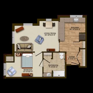 This is a floor plan of an apartment featuring one bedroom, a bathroom, a living room, and a kitchen.