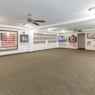 An interior room with wall art and photographs, featuring a carpeted floor, ceiling fans, and a television.
