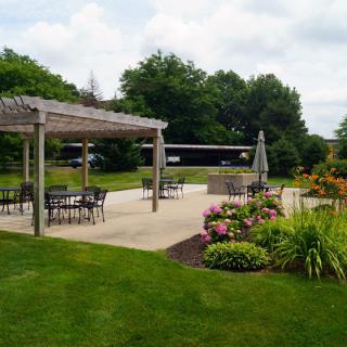 A serene garden with a pergola and outdoor seating area surrounded by lush greenery and colorful flowers.
