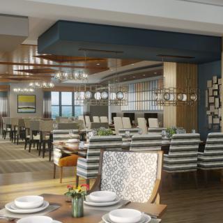 A modern restaurant dining area with elegant table settings and stylish interior design.
