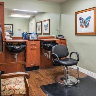 A cozy hair salon interior featuring a barber chair, mirrors, and wall artwork.