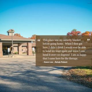 A hospital building exterior with a customer review overlay.