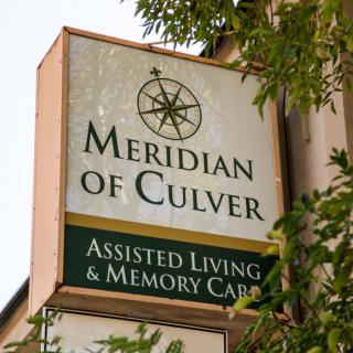 Sign for Meridian of Culver, an assisted living and memory care facility.
