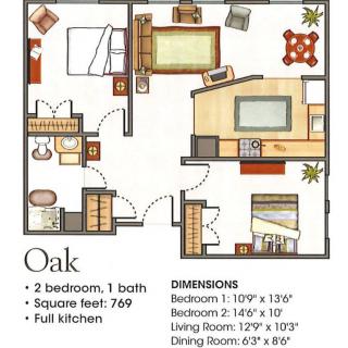 Floor plan of a two-bedroom, one-bathroom apartment with a full kitchen and specified dimensions.