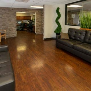 A modern office waiting area with black leather sofas and green plants.