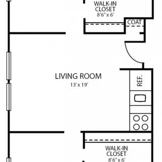 A floor plan showing the layout of an apartment with a living room, kitchen, and walk-in closets.