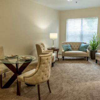 A cozy living room with elegant furniture and warm lighting.