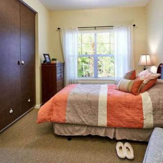 A cozy bedroom with a neatly made bed, a lamp on the bedside, and a closet.