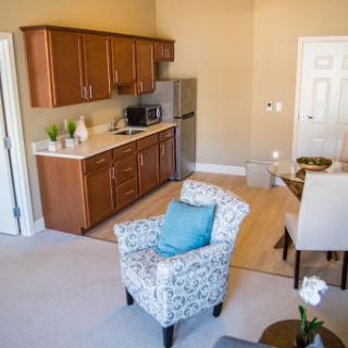 A modern apartment interior featuring a kitchen area and cozy seating.