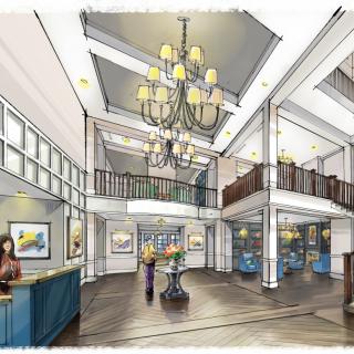Illustrated view of a spacious hotel lobby with a grand chandelier and modern interior design.