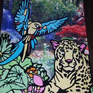 A vibrant illustration of a parrot and a leopard amidst lush tropical foliage.