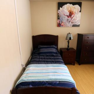 A cozy bedroom with a single bed, nightstand, and dresser, complemented by a floral painting on the wall.