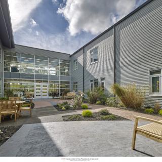 A modern courtyard with outdoor seating and landscaping, surrounded by a building with a glass facade.
