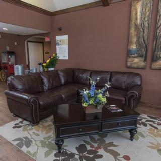 A cozy living room with a brown leather sofa and coffee table, complemented by decorative artwork and a patterned carpet.