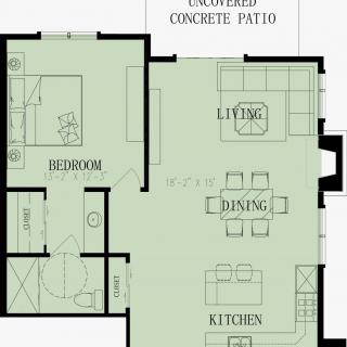 A detailed floor plan of an apartment featuring a kitchen, dining area, living room, bedroom, and a concrete patio.