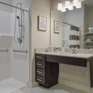 A modern bathroom with a sleek shower area, large mirror, and well-lit vanity.