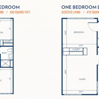 Floor plans of two types of one-bedroom apartments with listed square footage.
