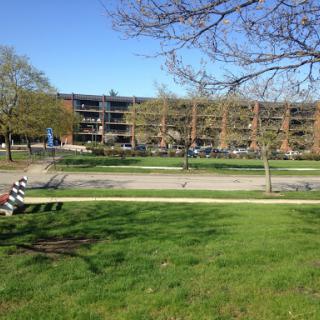 A peaceful park setting with an apartment building in the background under a clear blue sky.