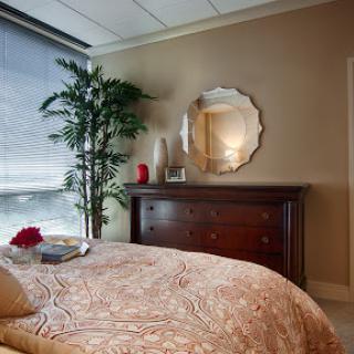A beautifully arranged bedroom featuring elegant decor, a cozy bed with intricate bedding, and a potted plant for a touch of nature.
