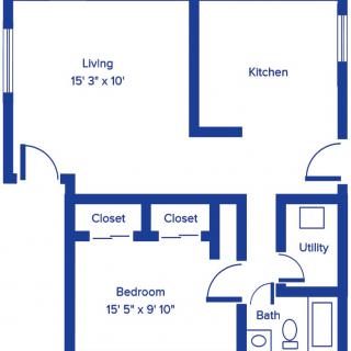 Floor plan of a one-bedroom apartment with designated living and kitchen areas.
