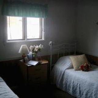 Cozy bedroom with two beds and a bedside table decorated with flowers and a lamp.