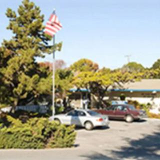A parking lot with several cars, trees, and a flag near a building during daytime.