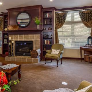 Cozy living room with a fireplace and elegant decor.