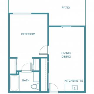 A floor plan of a one-bedroom apartment featuring a living/dining area, kitchenette, bathroom, and patio.