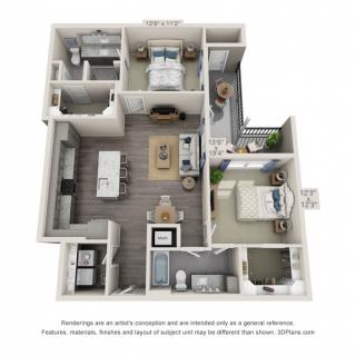 A 3D rendered floor plan of a modern apartment with two bedrooms, a living room, kitchen, and balcony.