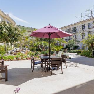 A sunny patio area featuring a table with chairs and a large umbrella, surrounded by a landscaped garden and residential buildings.