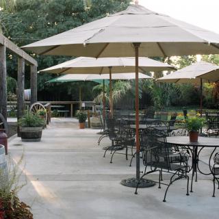 A peaceful outdoor patio with tables and umbrellas set amidst a garden setting.