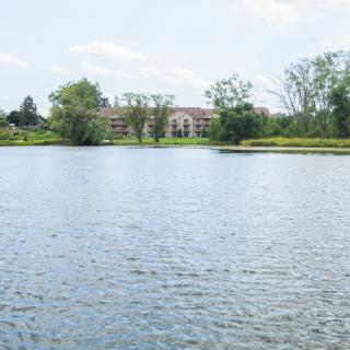 A tranquil lake scene with a building in the background surrounded by trees.