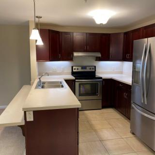 Modern kitchen with stainless steel appliances and dark wood cabinets.