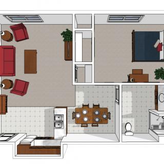 A floor plan of a one-bedroom apartment including a living room, kitchen, dining area, and bathroom.