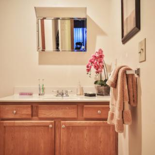 A bathroom with a wooden cabinet, mirror, and an orchid on the countertop.