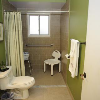A bathroom with accessible features, including a shower area with a safety chair and grab bar, green walls, and a window.