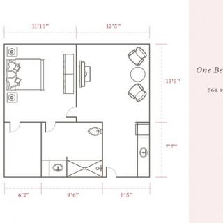 A floor plan of a bedroom showing furniture arrangement and room dimensions.