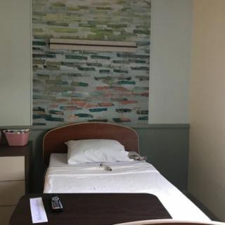 A hospital room with a single bed, pillow, and wall artwork.