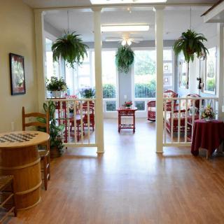 A cozy indoor space with wooden flooring, decorated with hanging plants and furnished with tables and chairs.