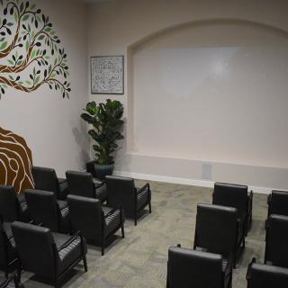 An empty classroom with rows of chairs facing a whiteboard and a wall decorated with a tree mural.