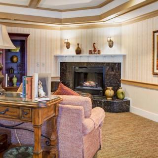 A cozy living room with a fireplace and elegant decor.