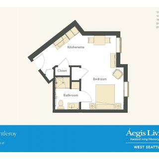 A floor plan of a small apartment with designated living, bathroom, and bedroom areas.
