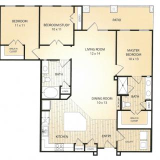 A detailed floor plan of a two-bedroom apartment, featuring a living room, kitchen, dining area, and two bathrooms.