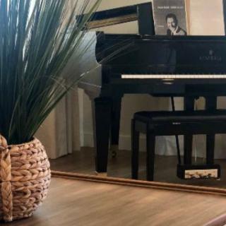 A grand piano with sheet music, accompanied by a large potted plant in a stylish music room.