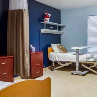 A modern hospital room featuring a bed, bedside table, and decorative touches.