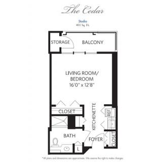 Studio apartment floor plan with labeled areas including living room/bedroom, kitchen, bath, closet, and balcony.