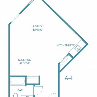 Studio apartment floor plan featuring a kitchenette, living/dining area, sleeping alcove, and bathroom.