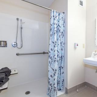 A bathroom featuring a handicap accessible shower with a grab bar and a floral curtain.