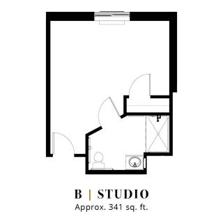 Floor plan of a studio apartment approximately 341 square feet.