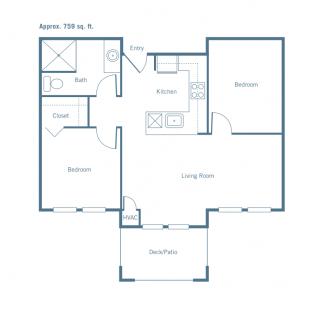 Floor plan of a two-bedroom apartment with a kitchen, bathroom, living room, and balcony.